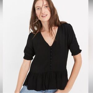 NWT Madewell Black Courtyard Ruffle-Hem Short Sleeve Top